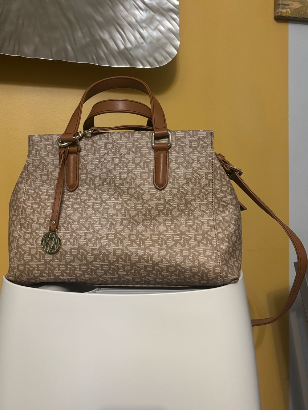 DKNY Beige Logo Satchel with Brown Trim and Gold Hardware